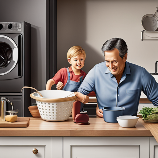 An image of a father gracefully multitasking: one hand stirring a pot on the stove, the other cradling a baby, while a laundry basket sits nearby, symbolizing the evolving role of dads in domestic duties