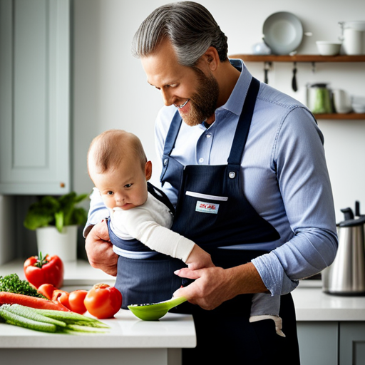 An image capturing a father in the kitchen, confidently multi-tasking as he chops vegetables while holding a baby in a carrier, exemplifying the practical tips for engaged dads in managing household chores and childcare