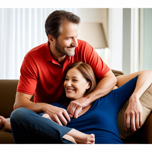  Capture an image of a dad tenderly massaging mom's shoulders, as she relaxes on the couch, surrounded by dimmed lights and scented candles, creating a peaceful ambiance that supports her well-being
