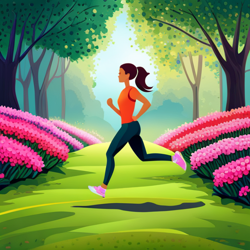 An image featuring a serene teenage girl jogging through a vibrant park, surrounded by lush greenery and blooming flowers