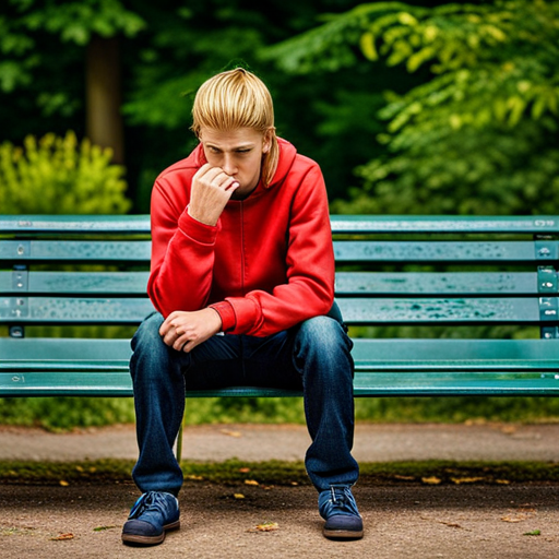 An image showcasing a distressed teenager sitting alone on a park bench, nervously biting their nails, while their face displays signs of worry and their shoulders slouch forward