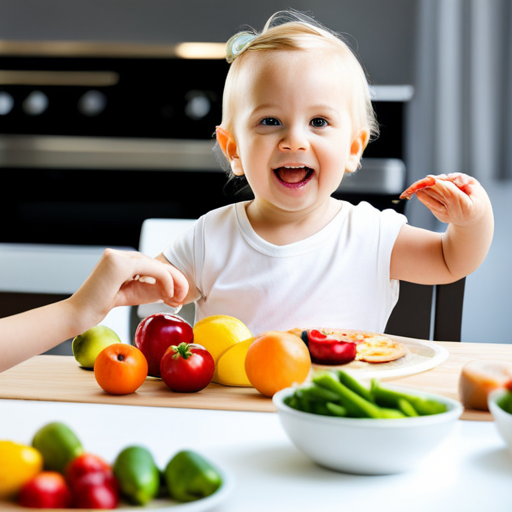 An image of a cheerful toddler sitting at a beautifully set table, surrounded by colorful fruits and vegetables, with parents engaging warmly, encouraging conversation and laughter during mealtime