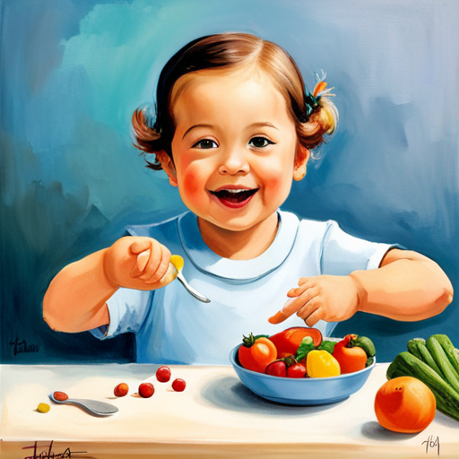 An image showcasing a cheerful toddler sitting at a brightly colored table, confidently using a tiny spoon to feed themselves a vibrant array of fruits and vegetables, with a proud smile on their face