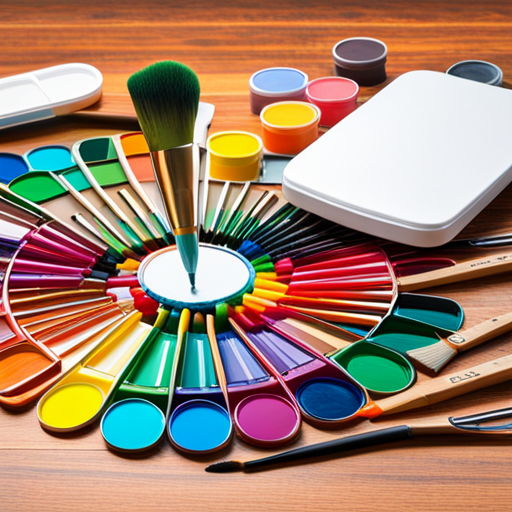 An image of a vibrant, multi-colored assortment of paintbrushes, sketchpads, and watercolor palettes neatly displayed on a wooden table, enticing young artists to explore their creativity with affordable dollar store art supplies