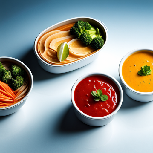 An image showcasing a vibrant lunchbox filled with three quick and simple soups: a hearty tomato and vegetable soup, a comforting chicken noodle soup, and a creamy broccoli soup