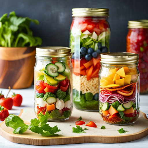 An image showcasing a vibrant lunchbox bursting with inventive leftover makeovers: a colorful mason jar salad layered with crisp veggies, a refreshing fruit kebab, and a savory wrap tightly packed with last night's leftovers