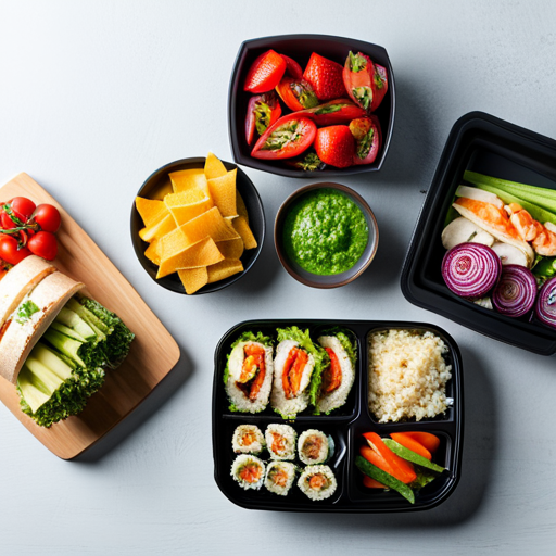 An image showcasing a vibrant array of lunchbox options: a bento box filled with colorful sushi rolls, a mason jar layered with quinoa, roasted vegetables, and hummus, and a lettuce wrap bursting with fresh veggies and grilled chicken
