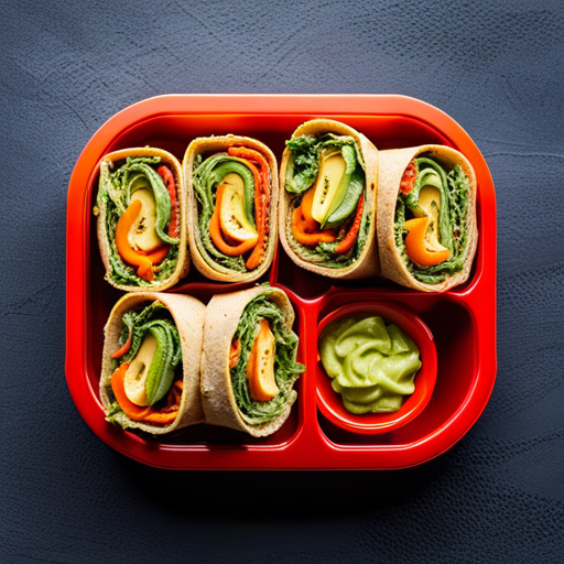 An image showcasing a vibrant assortment of veggie-packed wraps neatly arranged in a lunchbox