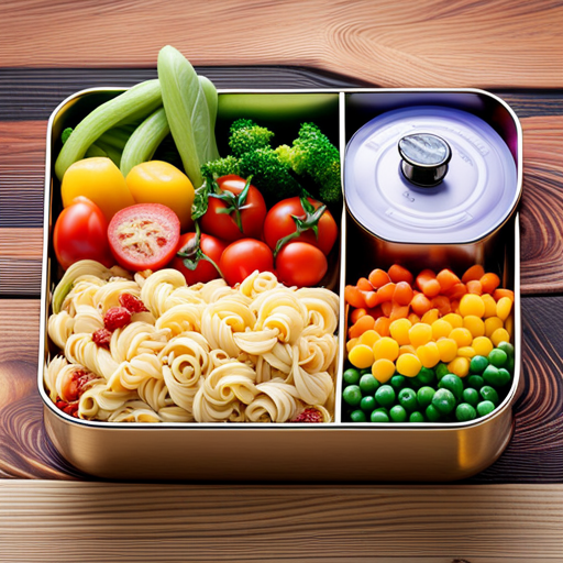 An image of a vibrant lunchbox filled with a delectable pasta and grain bowl; overflowing with colorful ingredients like tender pasta, nutrient-rich grains, vibrant vegetables, and protein-packed toppings