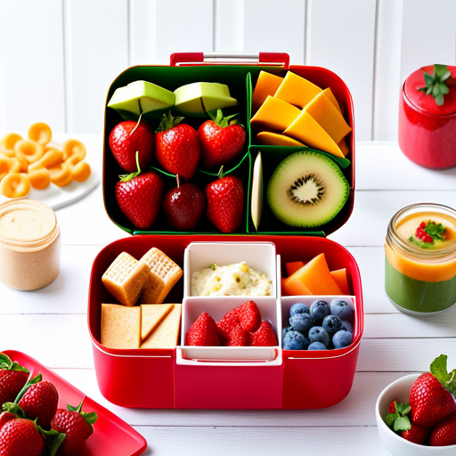 An image of a colorful lunchbox filled with a variety of homemade snacks, including vibrant fruit kebabs, veggie sticks with hummus, cheese cubes, whole grain crackers, and a refreshing yogurt parfait