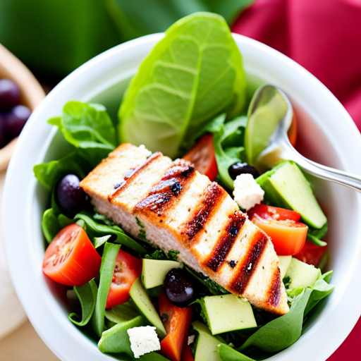 An image showcasing a vibrant lunchbox filled with a variety of protein-packed salads: a zesty Greek salad with feta cheese and olives, a colorful quinoa salad with grilled chicken, and a refreshing spinach salad topped with grilled salmon