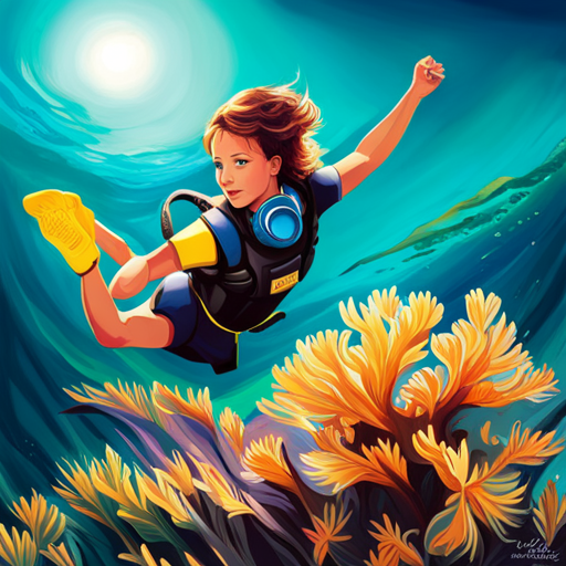 An image showing children in colorful scuba gear, joyfully diving into crystal-clear turquoise waters