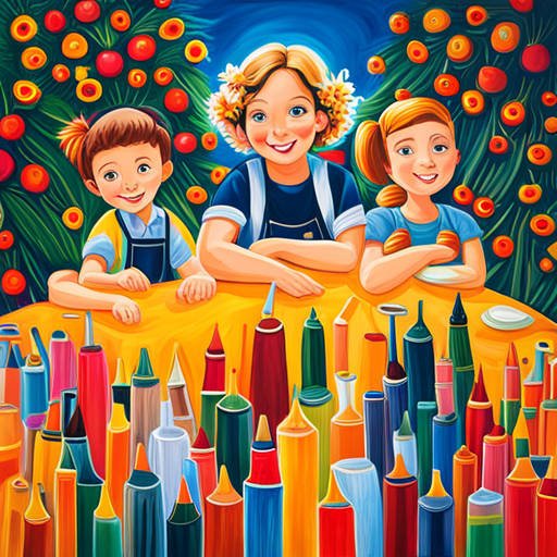 An image featuring a group of children surrounded by vibrant colors, as they joyfully paint on recycled canvases using eco-friendly paints made from natural materials like fruits, vegetables, and flowers