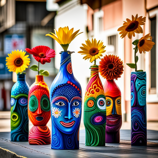 An image showcasing a group of children excitedly transforming discarded plastic bottles into vibrant planters, using colorful paints and imaginative designs, surrounded by an array of blooming flowers and lush greenery