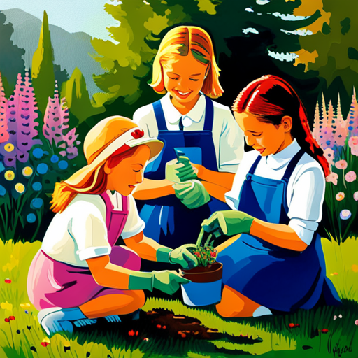  an image showcasing a group of joyful children wearing gardening gloves, happily planting colorful flowers and vegetables in a vibrant, sunlit garden