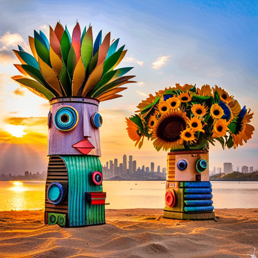 An image showcasing children joyfully transforming discarded bottles, cans, and cardboard boxes into imaginative masterpieces like colorful robots, whimsical animals, and innovative planters, inspiring recycling crafts for eco-friendly fun