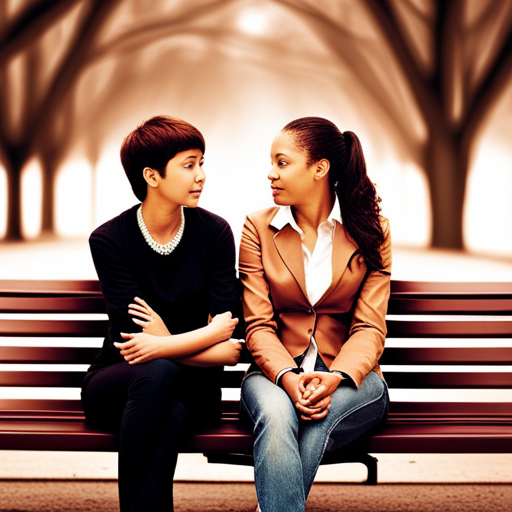 An image of a parent and a teenager sitting on a park bench, their body language relaxed yet engaged