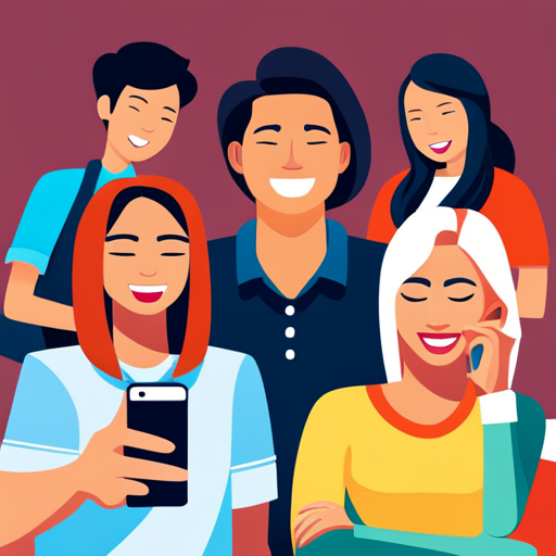 An image of a diverse group of teenagers engrossed in a video call on their smartphones, each displaying genuine smiles, while seamlessly sharing and discussing ideas through emojis, gifs, and texts