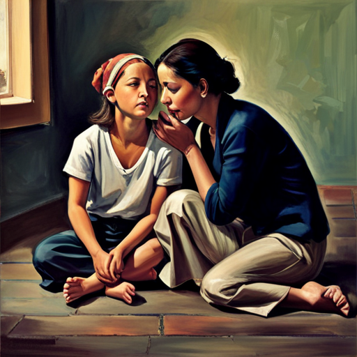An image of a parent and a teenager sitting cross-legged on the floor, facing each other, engaged in an intense conversation