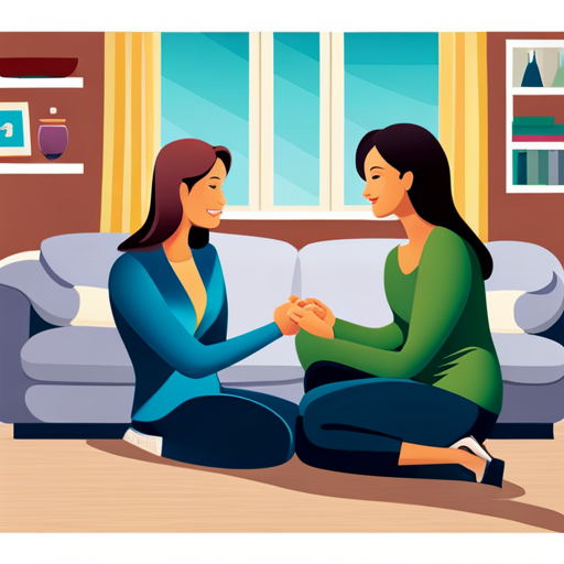 An image depicting a parent and teenager engaged in a calm conversation, sitting face-to-face in a cozy living room