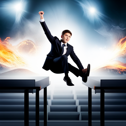 An image of a determined teenage entrepreneur wearing a suit, confidently leaping over a series of hurdles, with a burning passion in their eyes, symbolizing the resilience and determination required to overcome challenges and obstacles in the world of business