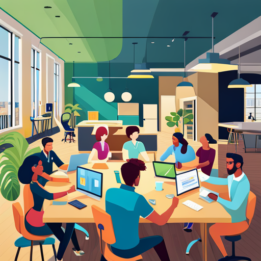 An image showcasing a diverse group of successful teenage entrepreneurs collaborating in a vibrant co-working space, surrounded by mentors, investors, and resources, symbolizing a supportive ecosystem for teen entrepreneurship