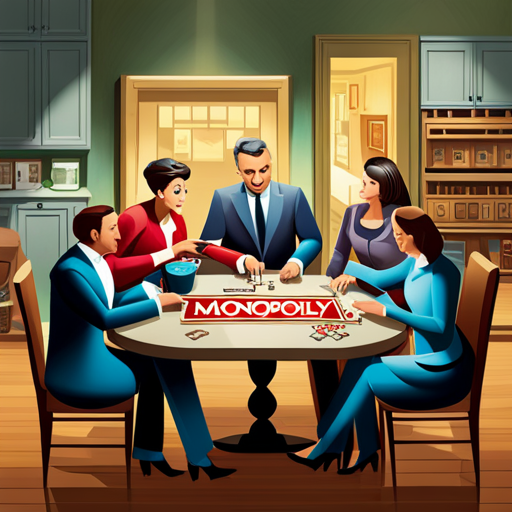 An image capturing the essence of classic board games: a cozy living room scene with a family huddled around a coffee table, eyes gleaming with excitement as they engage in a spirited game of Monopoly or Clue