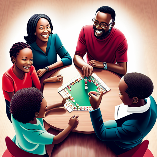 An image showcasing a diverse group of smiling family members gathered around a table covered in colorful board games, their hands eagerly reaching for game pieces while a sense of teamwork and camaraderie radiates from their expressions