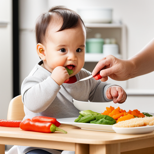 An image depicting a 10-month-old sitting in a highchair, hesitatingly examining a spoonful of colorful pureed vegetables, while a parent lovingly encourages them to eat, showing patience and understanding