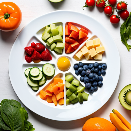 An image capturing a colorful array of bite-sized portions, including diced fruits, vegetables, and grains, neatly arranged on a divided plate