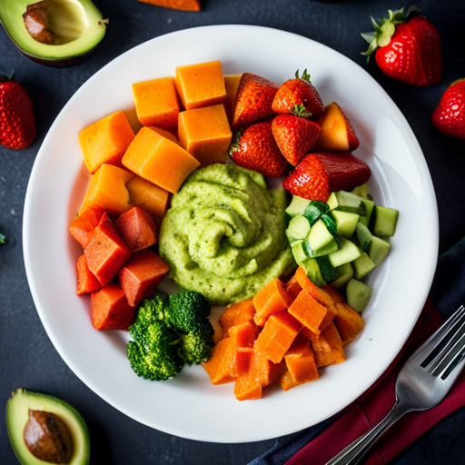 An image showcasing a colorful plate filled with soft cubes of steamed sweet potatoes, mashed avocado, and sliced strawberries, all arranged in an appealing manner, perfectly highlighting nutritious foods for a 10-month-old