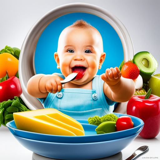 An image featuring a smiling baby sitting in a high chair, eagerly reaching out to grasp a colorful spoon filled with mashed avocado