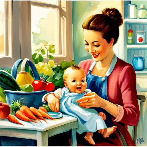 An image depicting a mother gently spoon-feeding her smiling baby homemade pureed carrots in a highchair, surrounded by colorful fruits and vegetables, showcasing the joy and ease of introducing nutritious solid foods