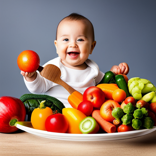An image depicting a smiling baby sitting in a high chair, surrounded by vibrant fruits and vegetables