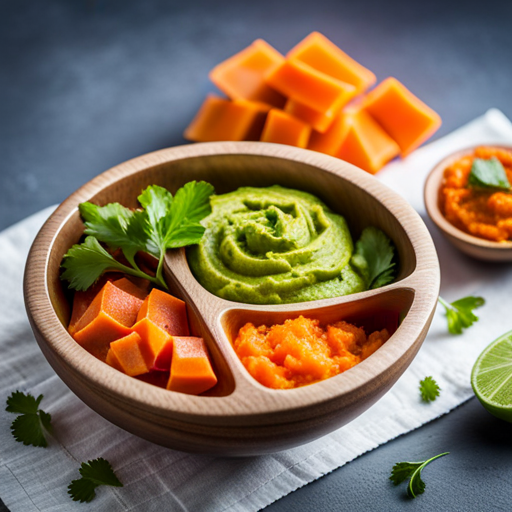 An image showcasing a colorful array of mashed avocado, pureed sweet potato, and steamed carrots, beautifully presented in small, rounded bowls, highlighting the top recommended first foods for babies