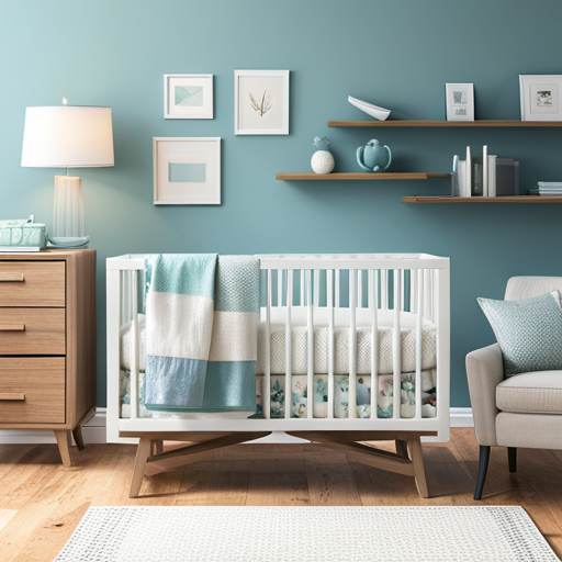 An image showcasing a diverse collection of essential baby items neatly arranged on a beautifully decorated nursery shelf