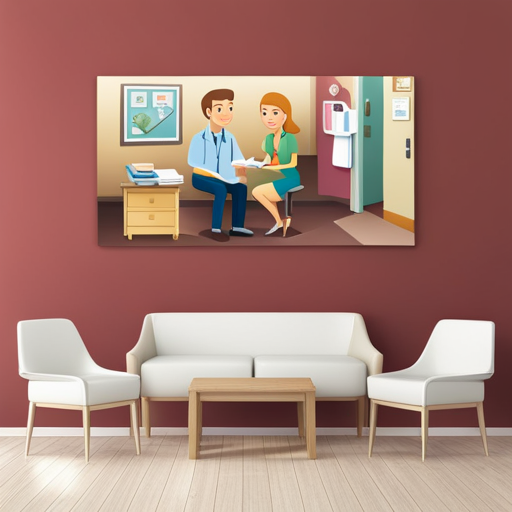 An image showcasing a young couple sitting in a cozy pediatrician's office, engaged in a warm conversation with a caring doctor
