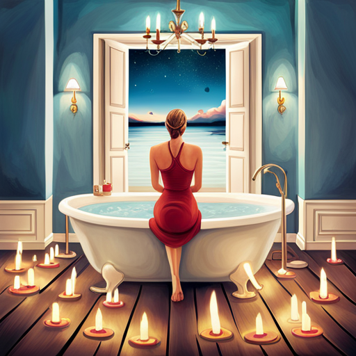 An image of an exhausted parent sitting in a serene bathroom, surrounded by flickering candles and a steaming bath