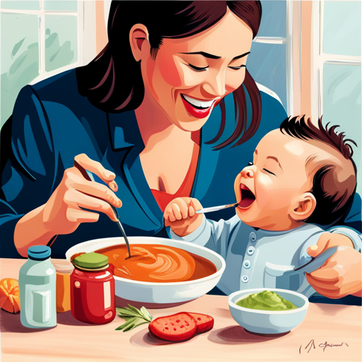 An image of a beaming parent sitting across from their adorable baby in a high chair, gently spoon-feeding colorful purees