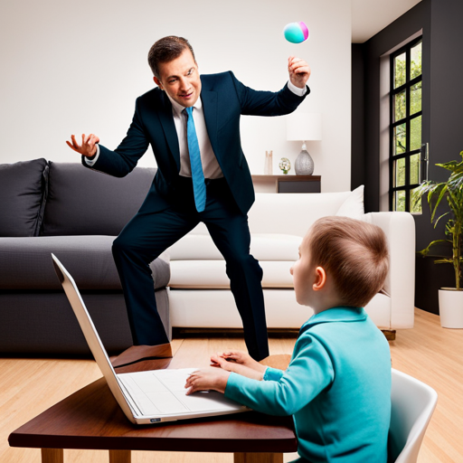 An image showcasing a busy parent wearing a suit, juggling a laptop and a baby in one arm, while multitasking household chores with the other hand