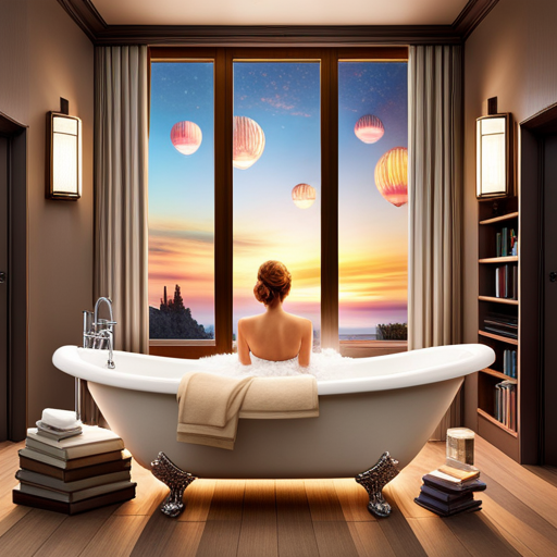 An image showcasing a serene bathroom scene with soft, warm lighting
