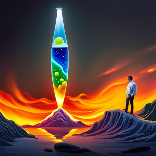 An image featuring a mesmerizing homemade lava lamp experiment: a clear glass container filled with colorful liquid layers, illuminated by a flashlight beneath, while bubbles of oil rise and fall, resembling beautiful lava flows