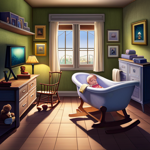 An image featuring a dimly lit bedroom with a parent softly singing to their baby, while a warm, lavender-scented bath is prepared nearby