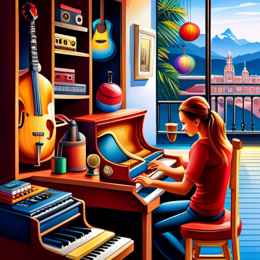 An image showcasing a vibrant assortment of musical instruments: a mini keyboard with colorful keys, a tiny drum set with glittering cymbals, a pint-sized electric guitar with flashy lights, and a petite saxophone emitting musical notes that intertwine