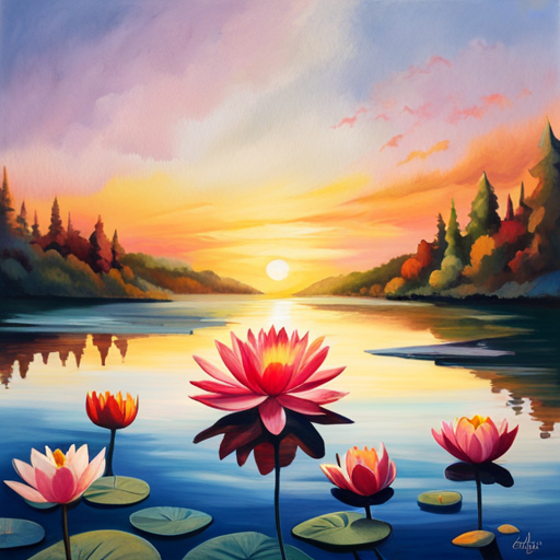 An image of a radiant, sun-kissed sunrise casting a warm glow on a dainty lotus flower blooming amidst lush greenery