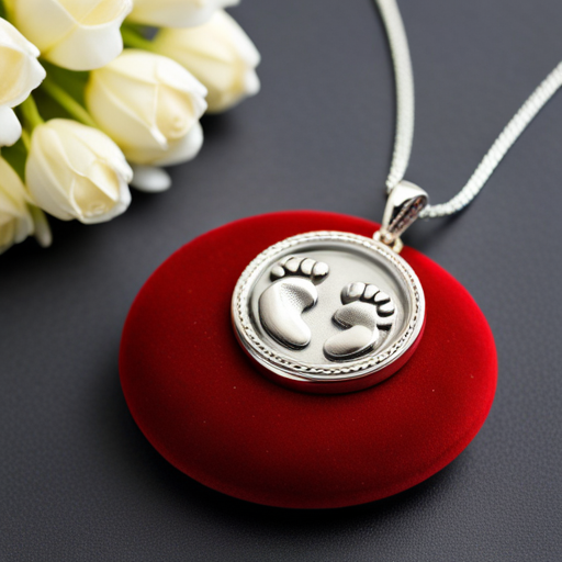 An image depicting a delicate, silver pendant, adorned with a newborn's tiny footprints, nestled in an exquisite velvet box