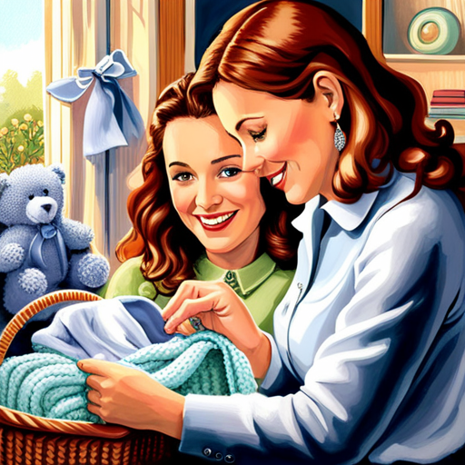 An image showcasing a new mom's face, beaming with delight as she receives a hand-knitted baby blanket from a friend