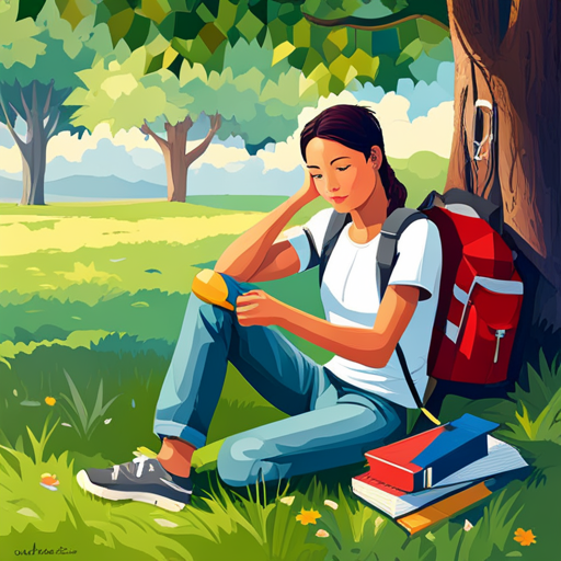 An image of a serene teenager sitting under a tree, engrossed in studying, with a backpack containing sports equipment nearby