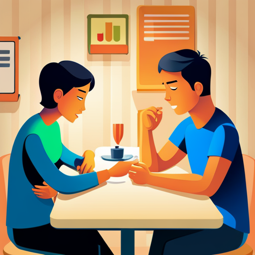 An image showing a teenager and a parent sitting at a table, engaged in a calm conversation