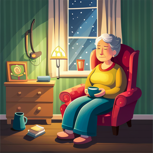 An image portraying a worn-out parent sitting in a cozy chair, surrounded by dimmed lights, while indulging in a cup of herbal tea